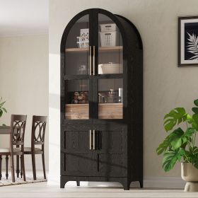 71" Tall Arched Kitchen Pantry Cabinet with Door Shelves, Farmhouse Kitchen Storage Cabinet with Open & Adjustable Shelves, Hidden Drawer & Glass (Color: Brown)